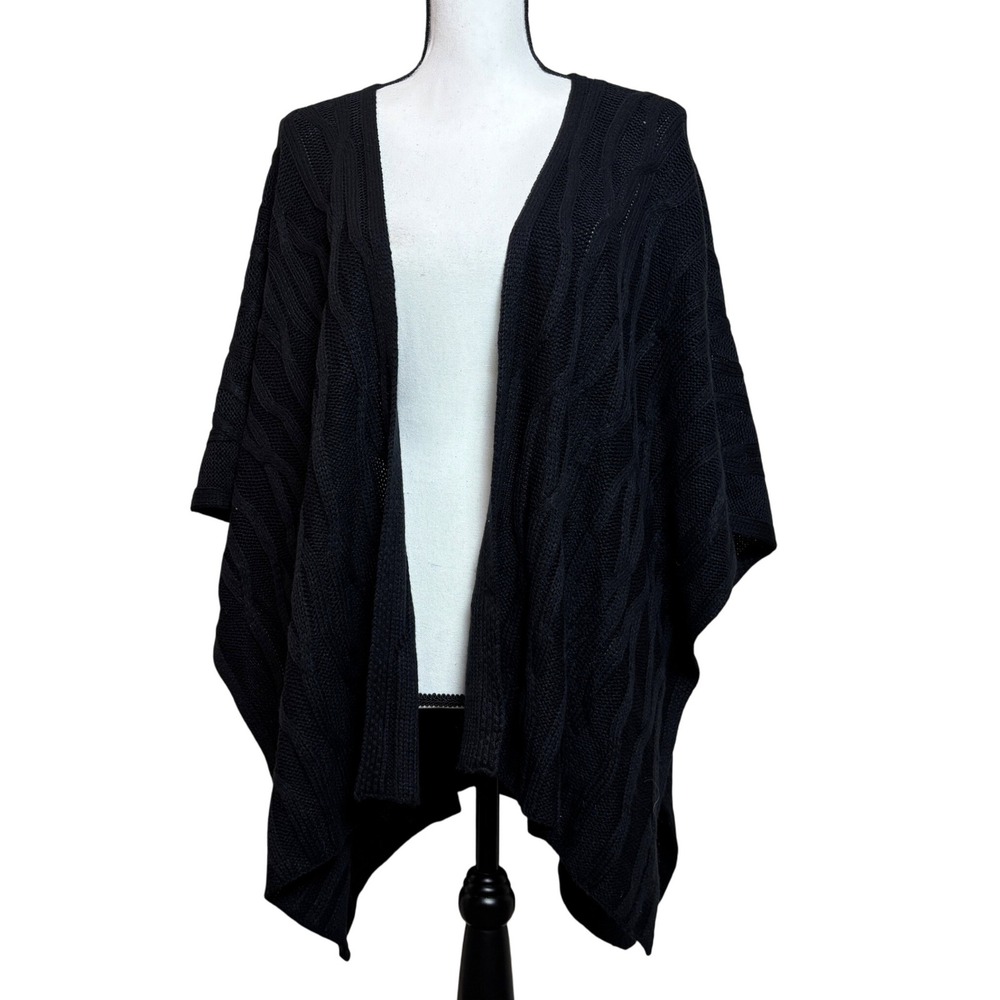 V.Fraas Black Cable Knit Open Front Poncho Cape Shawl‎ Cardigan Wrap Womens OS